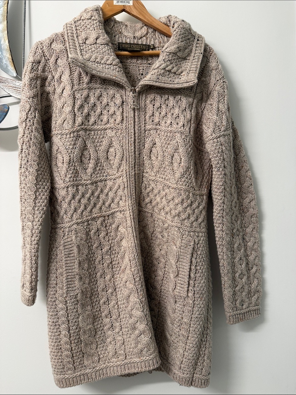 Taupe Cable-Knit Zip-Front Cardigan Sweater by Iris Crafts